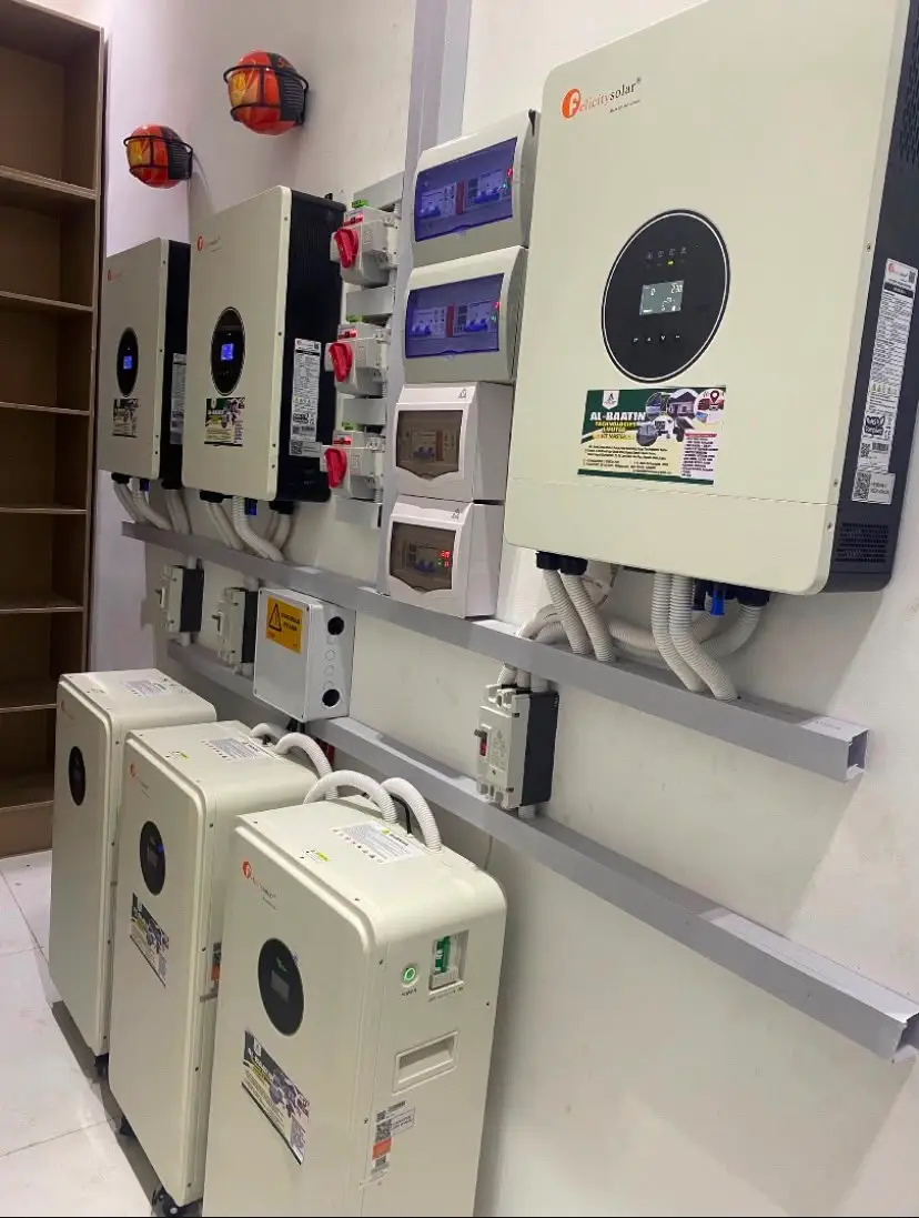 The completed inverter wall seen straight on: three inverters above, three batteries below.